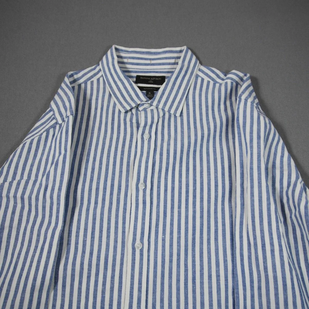 Banana Republic Linen Cotton Untucked Stripe Nautical Slim Fit Striped Shirt XL